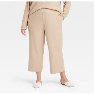 NEW Ava & Viv Women's Plus Size Ribbed Cropped Straight Leg Pants Beige 2X